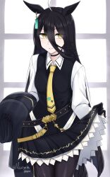 Rule 34 | 1girl, animal ears, belt, black belt, black choker, black coat, black gloves, black hair, black pantyhose, black skirt, black vest, breasts, choker, clothes lift, coat, collared shirt, commentary request, dated, ear tag, earrings, frilled skirt, frills, gloves, hair between eyes, highres, horse ears, horse girl, horse tail, ibuki grunt, jewelry, light smile, long bangs, long hair, long hair between eyes, manhattan cafe (umamusume), multicolored hair, necktie, pantyhose, parted lips, revision, shirt, side ponytail, single earring, skirt, skirt lift, small breasts, solo, tail, twitter username, umamusume, unworn coat, very long hair, vest, white hair, white shirt, wind, yellow necktie