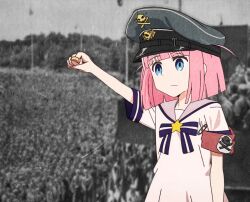 1girl arm_up armband blue_eyes bocchi_the_rock! clenched_hand closed_mouth dress expressionless gotoh_futari hat highres jewelry military_hat myvia_mokols nazi outdoors peaked_cap pink_hair red_armband ring sailor_collar sailor_dress short_hair skull_and_crossbones solo white_dress
