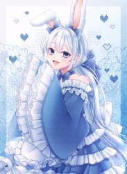 1boy :d absurdres aegyo_sal androgynous animal_ears aqua_background blue_background blue_bow blue_dress blue_eyes blue_theme bow bow_choker choker collarbone commentary_request dragon_quest dragon_quest_x dress flower frilled_dress frills gradient_background hair_bow heart hero&#039;s_sibling_(dq10) highres kuro11_222 long_hair looking_to_the_side male_focus off_shoulder open_mouth pixel_heart ponytail rabbit_boy rabbit_ears sleeves_past_fingers sleeves_past_wrists smile solo trap upper_body white_background white_bow white_hair white_trim