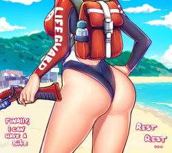 Rule 34 | 1girl, ass, ass focus, backpack, bag, beach, english text, hand on own hip, head out of frame, highres, lian (paladins), lifeguard, paladins, solo, thighs, weapon