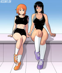 2girls assentlov black_hair breasts cleavage day grin highres legs long_hair looking_at_viewer midriff multiple_girls nami_(one_piece) navel nico_robin one_piece orange_hair shiny_skin shorts sitting smile tattoo