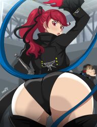1boy 2girls akechi_gorou amamiya_ren ass ass_focus black_hair blush breasts brown_hair cameltoe embarrassed from_behind from_below gloves highres huge_ass karbuitt kiss leotard long_hair looking_at_viewer looking_back looking_down medium_breasts multiple_girls persona persona_5 ponytail red_eyes red_hair short_hair sideboob thick_thighs thighhighs thighs yoshizawa_kasumi