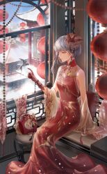 Rule 34 | 1girl, animal, animal print, architecture, artist request, bare shoulders, bead bracelet, beads, bird, bird hair ornament, bird print, bracelet, chair, changpao, chinese clothes, collared dress, couch, day, detached sleeves, dress, east asian architecture, feet out of frame, floral print, flower, game cg, gloves, grey hair, hair flower, hair ornament, high collar, highres, indoors, jewelry, lace, lace gloves, lantern, long sleeves, looking at viewer, mandarin collar, multiple bracelets, nikki (series), official art, on couch, outstretched hand, paper lantern, pointy nose, red dress, red flower, red gloves, red rose, rose, see-through clothes, see-through sleeves, shining nikki, short hair with long locks, single sidelock, sitting, snow, solo, spring sparrow (shining nikki), swallow (bird), white sleeves, winter, yellow eyes, yexiao (shining nikki)