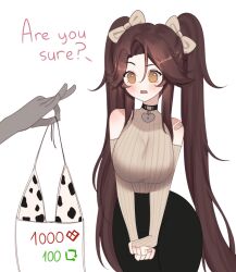 1girl 1other absurdres ahoge animal_print bandaid bandaid_on_shoulder bikini black_choker black_pants blush bow brown_eyes brown_hair choker covered_collarbone cow_print cow_print_bikini crop_top detached_sleeves embarrassed english_text hair_between_eyes hair_bow hazel_eyes heart heart_ahoge heart_choker high-waist_pants highres huge_ahoge indie_virtual_youtuber long_bangs long_hair open_mouth own_hands_together pants print_bikini sky_above_me sky_above_me_(vtuber) sleeveless sleeveless_turtleneck solo standing swept_bangs swimsuit turtleneck twintails twitter_strip_game very_long_hair virtual_youtuber