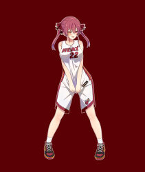 1girl :d basketball_jersey basketball_uniform breasts cosplay full_body heterochromia highres hololive houshou_marine jimmy_butler jimmy_butler_(cosplay) large_breasts legs_apart looking_at_viewer miami_heat national_basketball_association open_mouth red_background red_eyes red_hair red_shoes shirt_tug shoes shorts simple_background smile sneakers snkagawa solo sportswear twintails virtual_youtuber white_shorts yellow_eyes
