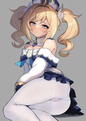 1girl ass barbara_(genshin_impact) blonde_hair blue_eyes blush breasts cameltoe detached_collar dress genshin_impact grey_background hat highres looking_at_viewer medium_breasts panties panties_under_pantyhose pantyhose pantyshot shinatsukou simple_background small_sweatdrop smile solo twintails underwear upskirt white_dress white_panties white_pantyhose