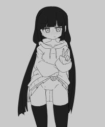 black_hair black_thighhighs blunt_bangs blush clothes_lift embarrassed full-face_blush giga.linda grey_background greyscale highres hood hoodie lagtrain_(vocaloid) lifting_own_clothes long_hair miniskirt mole monochrome pleated_skirt pussy skirt skirt_lift thighhighs twintails v very_long_hair