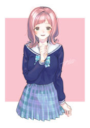 1girl black_shirt blue_skirt blush bow bowtie brown_hair commentary cropped_legs highres idolmaster idolmaster_shiny_colors long_sleeves looking_at_viewer o_yasa_inu pink_background plaid_bow plaid_bowtie plaid_clothes plaid_skirt pleated_skirt sailor_collar sakuragi_mano school_uniform serafuku shirt simple_background skirt smile solo white_sailor_collar