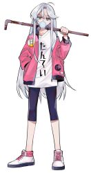 Rule 34 | 1girl, ahoge, aqua eyes, asymmetrical bangs, black shorts, black trim, chewing gum, crowbar, curtained hair, flipped bangs, full body, grey hair, half-closed eyes, hand in pocket, hand up, highres, holding, holding crowbar, jacket, long hair, long sleeves, looking ahead, open clothes, open jacket, original, osr 00 osr, over shoulder, oversized clothes, oversized shirt, pink jacket, print shirt, shirt, shoes, shorts, side part, sidelocks, simple background, single off shoulder, solo, standing, straight hair, t-shirt, tachi-e, text print, very long hair, weapon, weapon over shoulder, white background, white shirt, white shoes
