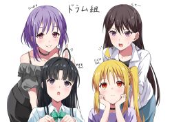 4girls :3 ahoge awa_subaru bang_dream! bang_dream!_it&#039;s_mygo!!!!! black_choker black_hair black_shirt black_skirt blonde_hair blue_skirt blush bocchi_the_rock! bow bowtie character_name choker closed_mouth collared_shirt commentary crossover detached_ahoge diagonal-striped_bow diagonal-striped_bowtie diagonal-striped_clothes frilled_shirt frills genre_connection girls_band_cry green_bow green_bowtie grey_shirt hair_between_eyes highres ijichi_nijika jacket kikugawa_roku looking_at_viewer mole mole_under_eye multiple_crossover multiple_girls off-shoulder_shirt off_shoulder open_mouth parted_bangs pink_eyes purple_eyes purple_hair purple_shirt red_eyes shiina_taki shirt short_hair side_ponytail sidelocks skirt striped_clothes sweatdrop teeth translated upper_teeth_only white_jacket white_shirt yuutenji_nyamu