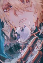 Rule 34 | 2boys, antenna hair, armor, black shirt, blonde hair, blood, bloody tears, coat, commentary, crack, cracked glass, cracked skin, different reflection, glass shards, highres, honkai: star rail, honkai (series), male focus, multiple boys, parted lips, pauldrons, phainon (honkai: star rail), phainon (khaslana) (honkai: star rail), reflection, shirt, short hair, shoulder armor, shuzai233, single pauldron, sun print, twitter username, watermark, white coat, white hair, yellow blood, yellow eyes