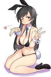 Rule 34 | 1girl, absurdres, animal ears, between breasts, bikini, black bikini, black eyes, black footwear, black hair, blowing kiss, breasts, buta-don, commentary request, commission, detached collar, girls und panzer, grey necktie, high heels, highres, isuzu hana, large breasts, necktie, necktie between breasts, one eye closed, playboy bunny bikini, playboy bunny swimsuit, rabbit ears, rabbit tail, simple background, solo, swimsuit, tail, white background, wrist cuffs
