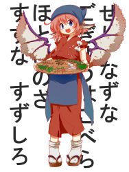1girl :d ahoge animal_ears basket blue_eyes blue_headscarf bow commentary female_focus food full_body headscarf highres iwaserie looking_at_viewer mystia_lorelei okamisty open_mouth pink_hair radish sandals short_hair short_sleeves smile socks solo text_background text_focus touhou translation_request turnip vegetable wall_of_text white_background white_bow white_socks wings