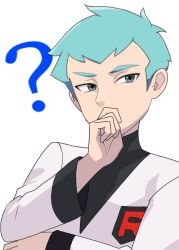 Rule 34 | 1boy, ?, archer (pokemon), black shirt, green eyes, green hair, hand up, highres, jacket, logo, long sleeves, looking to the side, male focus, nakikot t, nintendo, pokemon, pokemon hgss, shirt, short hair, solo, team rocket, team rocket uniform, upper body, white background, white jacket
