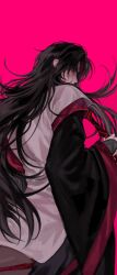 Rule 34 | 1boy, black hair, black hanfu, blood, blood on face, chinese clothes, covered mouth, cowboy shot, curtained hair, facial mark, floating hair, forehead mark, from behind, glowing, glowing eyes, hanfu, highres, holding, holding sword, holding weapon, long hair, long sleeves, looking at viewer, looking back, luo binghe, male focus, messy hair, parted bangs, pink background, red eyes, renzha fanpai zijiu xitong, shaded face, simple background, solo, squid 0930, sword, v-shaped eyebrows, very long hair, weapon, wide sleeves, xin mo, zuiyin