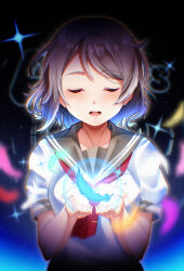 1girl absurdres black_background blue_background blue_feathers blush breasts brown_hair closed_mouth collarbone facing_viewer feathers glowing grey_hair grey_sailor_collar grey_skirt hands_up highres holding kuntze large_breasts light_blush looking_down love_live! love_live!_sunshine!! multicolored_hair necktie nose open_mouth orange_feathers pink_feathers purple_feathers red_feathers red_necktie sailor_collar school_uniform serafuku shadow shirt short_hair skirt solo star_(sky) star_(symbol) streaked_hair striped_clothes summer_uniform tie_clip tongue uranohoshi_school_uniform watanabe_you wavy_hair white_serafuku yellow_feathers