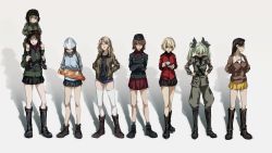Rule 34 | 10s, 6+girls, anchovy (girls und panzer), ankle boots, anzio military uniform, arms behind back, asymmetrical bangs, bad id, bad pixiv id, belt, black footwear, black hair, black hat, black jacket, black legwear, black necktie, black ribbon, black shirt, black skirt, black vest, blonde hair, blue eyes, blue footwear, blue hat, blue jacket, blue shorts, blue skirt, boots, brown eyes, brown hair, brown jacket, carrying, chi-hatan military uniform, commentary, crossed arms, cup, darjeeling (girls und panzer), denim, denim shorts, dress shirt, emblem, epaulettes, full body, garrison cap, ghost in the shell, ghost in the shell lineup, ghost in the shell: stand alone complex, girls und panzer, green jacket, grey jacket, grey pants, hair ribbon, hands in pockets, hands on own hips, hat, helmet, highres, holding, instrument, jacket, kantele, katyusha (girls und panzer), kay (girls und panzer), keizoku military uniform, knee boots, kuromorimine military uniform, long hair, long sleeves, looking at viewer, mika (girls und panzer), military, military hat, military uniform, miniskirt, multiple girls, necktie, nishi kinuyo, nishizumi maho, nonna (girls und panzer), odd one out, pants, pleated skirt, pravda military uniform, raglan sleeves, red jacket, red shirt, red skirt, ribbon, saucer, saunders military uniform, school uniform, seven (seven8xxx), shadow, shirt, short hair, short jumpsuit, short shorts, shorts, shoulder belt, shoulder carry, skirt, socks, st. gloriana&#039;s military uniform, standing, star (symbol), swept bangs, tank helmet, teacup, thighhighs, track jacket, trait connection, tulip hat, turtleneck, vest, white legwear, yellow skirt