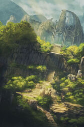 abandoned arch bush day dome dutch_angle grass landscape mountain nature no_humans original outdoors overgrown reason_(mark-of-the-unicorn) rock ruins scenery shadow stairs stone_walkway temple tree