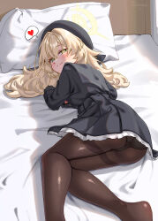 1girl absurdres black_gloves black_hat black_panties black_pantyhose black_sailor_collar black_serafuku blonde_hair blue_archive blush fluffy_hair gloves green_eyes halo hat highres kohikun loli long_hair looking_at_viewer panties panties_under_pantyhose pantyhose professor_niyaniya_(blue_archive) sailor_collar school_uniform serafuku smile solo thighband_pantyhose underwear yellow_halo