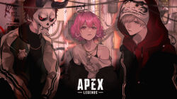 1girl 2boys absurdres apex_legends arisakaaa_(crazy_raccoon) black_horns black_jacket black_shirt bra_strap cable closed_mouth collarbone commentary_request copyright_name crazy_raccoon daruma_is_god demon_horns drawstring earrings gold_necklace graffiti grey_eyes grey_hair hair_between_eyes hair_ornament hairclip highres hood hood_up hoodie hoop_earrings horns indie_utaite indoors jacket jacket_over_hoodie jacket_partially_removed jewelry letterman_jacket lipstick long_sleeves looking_at_viewer makeup mano_aaa mask multiple_boys necklace nqrse open_clothes open_jacket parallel_hairclips pink_eyes pink_hair pink_lips red_hair red_hoodie shirt short_hair single-shoulder_shirt single_bare_shoulder skull_necklace t-shirt upper_body utaite white_shirt white_sleeves wire
