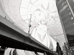 1girl building circle_skirt city closed_eyes closed_mouth floating from_below giant giantess greyscale highres lamppost long_hair long_skirt midair monochrome original outdoors overpass own_hands_clasped own_hands_together photo_background puffy_short_sleeves puffy_sleeves shirt short_sleeves skirt skyscraper smile solo tayama222 thick_eyelashes upside-down urban very_long_hair