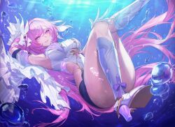 Rule 34 | 1girl, armpits, black shorts, boots, breasts, bubble, commentary, corset, diamond-shaped pupils, diamond (shape), elysia (herrscher of human: ego) (honkai impact), elysia (honkai impact), et0, gloves, high heel boots, high heels, highres, honkai (series), honkai impact 3rd, knee boots, large breasts, long hair, looking at viewer, pink hair, purple eyes, short shorts, shorts, smile, solo, symbol-only commentary, symbol-shaped pupils, thighs, underwater, veil, very long hair, white boots, white corset, white gloves, white veil