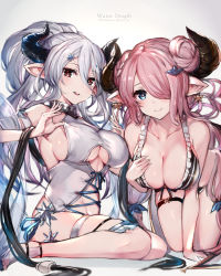 2girls adjusting_clothes adjusting_swimsuit bare_shoulders bikini blue_eyes breasts cleavage clothing_cutout collarbone commentary_request cross-laced_clothes double_bun draph granblue_fantasy hair_between_eyes hair_bun hair_ornament hair_over_one_eye hairclip hand_on_own_chest highres hip_focus horns izmir izmir_(summer)_(granblue_fantasy) kneeling large_breasts leaning_forward legs long_hair looking_at_viewer mole mole_under_mouth multiple_girls narmaya_(granblue_fantasy) one-piece_swimsuit open_mouth pink_hair pointy_ears ponytail red_eyes sandals sash sideboob sidelocks silver_hair sitting smile swimsuit thigh_strap thighs underboob underboob_cutout very_long_hair wariza watao white_bikini white_one-piece_swimsuit