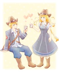 Rule 34 | 1boy, 1girl, :d, alternate costume, animal print, azu rin go, bag, blonde hair, blue eyes, blue jacket, blue overalls, blue shirt, blush, bokujou monogatari, bokujou monogatari: mittsu no sato no taisetsuna tomodachi, boots, border, braid, brown bag, closed mouth, collarbone, collared shirt, cow print, cowboy boots, cowboy hat, cup, denim, denim overalls, full body, hair between eyes, hat, heart, highres, holding, holding cup, invisible chair, jacket, jeans, long hair, looking at another, low twin braids, matching outfits, mug, nanami (bokujou monogatari), open mouth, overall skirt, overalls, pants, pocket, polka dot, polka dot background, shirt, short hair, short sleeves, shoulder bag, sitting, sleeves rolled up, smile, standing, twin braids, very long hair, wayne (bokujou monogatari), white border, wing collar, yellow background
