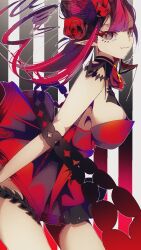 1girl baobhan_sith_(fate) baobhan_sith_(fgo_fes._2025)_(fate) breasts dress fate/grand_order fate_(series) flower grey_eyes hair_bun hair_flower hair_ornament highres large_breasts long_hair looking_at_viewer ogura_hasu pink_hair pointy_ears red_dress smile solo