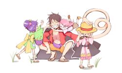 2boys 2girls ^_^ back black_coat child closed_eyes coat commentary crying english_commentary full_body geta green_kimono hair_bun hat highres hug hug_from_behind japanese_clothes jewelry_bonney kimono kouzuki_momonosuke kurozumi_tama medium_hair monkey_d._luffy multiple_boys multiple_girls one_piece open_clothes open_shirt orange_shorts petrichal pink_hair pink_kimono purple_hair sandals sash shorts simple_background smile squatting straw_hat white_background yellow_sash