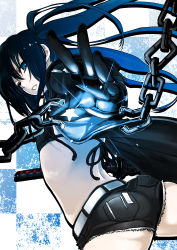 10s 1girl absurdres ask02 ass bikini bikini_top_only black_hair black_rock_shooter black_rock_shooter_(character) blue_eyes chain coat female_focus gloves highres katana looking_back shorts solo star_(symbol) swimsuit sword twintails weapon white_background