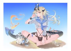Rule 34 | 1girl, absurdres, arknights, bag, bikini, black bikini, black horns, blonde hair, blue bow, blue sailor collar, bow, butterfly sitting, cropped shirt, dragon girl, dragon horns, dragon tail, floating hair, green eyes, highres, horns, infection monitor (arknights), jhini, long hair, reed (arknights), reed the flame shadow (arknights), reed the flame shadow (summer flower) (arknights), sailor collar, see-through bag, see-through clothes, see-through shirt, shirt, shoes, sitting, solo, swimsuit, tail, tail bow, tail ornament, unworn shoes, white shirt