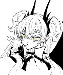 1girl ? breasts choker demon_girl demon_horns earrings fate/grand_order fate_(series) hair_ornament horns jewelry lilith_(fate) lollipop_in_mouth long_hair mo_(aabx315) monochrome multiple_earrings pointy_ears simple_background solo spoken_question_mark spot_color twintails white_background yellow_eyes