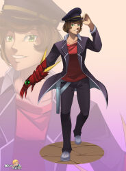 1boy alex_kellar black_jacket boosted_gear crossover fusion gauntlets green_eyes hat high_school_dxd highres hyoudou_issei jacket kuoh_academy_school_uniform murder_drones n_(murder_drones) painterly school_uniform short_hair single_gauntlet smile
