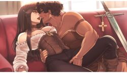 2girls black_nails black_pants bloopiest boots breasts brown_boots brown_hair carina_(bloopiest) choker corset couch dark-skinned_female dark_skin facial_scar frilled_sleeves frills green_eyes hand_on_another&#039;s_hip hand_on_another&#039;s_neck hand_on_another&#039;s_thigh imminent_fingering imminent_kiss jewelry large_breasts lips long_hair mole mole_under_mouth multiple_girls muscular muscular_arms muscular_female necklace nipples original pants red_lips red_nails scar scar_on_cheek scar_on_face short_hair shoulderless_shirt sword victoria_(bloopiest) weapon yellow_eyes yuri