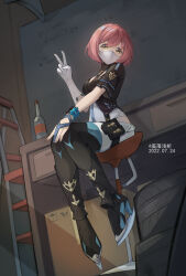 1girl 2022 absurdres alternate_eye_color artist_name black_boots black_leotard bob_cut boots bottle breasts chair dated desk full_body garage gloves highres honkai_(series) honkai_impact_3rd ice_skates indoors large_breasts leotard looking_at_viewer mask mouth_mask pink_hair short_hair short_sleeves single_glove sitting skates solo table thigh_boots timido_cute unused_tire v white_gloves wine_bottle xiluo_qian_xi yellow_eyes