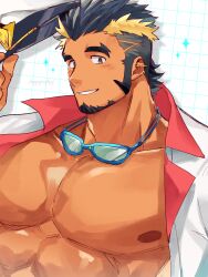 1boy absurdres bara blush earrings facial_hair goatee goggles goggles_around_neck grey_eyes grin hagiography highres jewelry kiloc_(live_a_hero) large_pectorals live_a_hero long_sideburns looking_at_viewer male_focus muscular muscular_male nipples open_clothes open_shirt pectorals sideburns signature smile solo undercut