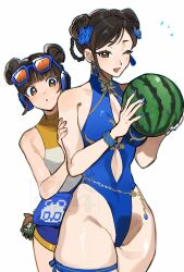 Rule 34 | 2girls, bare shoulders, blanka-chan, blue-framed eyewear, blue flower, blue nails, breasts, brown eyes, brown hair, capcom, casual one-piece swimsuit, chun-li, cleavage, cleavage cutout, clothing cutout, doll, double bun, eyewear on head, female focus, fingernails, flower, food, fruit, hair bun, hair flower, hair ornament, hand on another&#039;s arm, headphones, highleg, highleg one-piece swimsuit, highres, holding, holding food, holding fruit, holding watermelon, li-fen, mandarin collar, matching hair/eyes, multiple girls, official alternate costume, one-piece swimsuit, one eye closed, short hair, simple background, street fighter, street fighter 6, swimsuit, thigh strap, trnnmnm4, watermelon, white background, wink, wireless