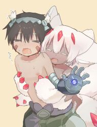 &gt;o&lt; 1boy 1girl android animal_ear_fluff animal_ears armpits behind_another blonde_hair blush breasts brown_hair child claws closed_eyes collarbone commentary_request cowboy_shot dark-skinned_female dark_skin dot_nose electricity extra_arms facial_mark facial_tattoo fang fluff fluffy furry furry_female grabbing_another&#039;s_pectorals grabbing_from_behind green_shorts hair_between_eyes harunbou leaning_forward made_in_abyss mechanical_arms mechanical_hands monster_girl multicolored_shorts narehate navel nipple_stimulation nipples open_hand open_mouth orange_background pointy_ears purple_shorts red_claws reg_(made_in_abyss) robot saliva sharp_teeth shorts simple_background single_mechanical_arm single_mechanical_hand skin_fang standing sweatdrop tattoo tears teeth tickling topless_female topless_male trembling upper_teeth_only v-shaped_eyebrows white_fur white_hair
