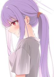 1girl absurdres alternate_costume atsuko_(blue_archive) blue_archive blush hair_between_eyes halo highres long_hair ponytail purple_hair purple_halo red_eyes shira_jun shirt sidelocks simple_background smile solo white_background white_shirt