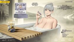 1girl bathtub blush breasts cleavage collarbone girls&#039;_frontline glass grey_eyes grey_hair hair_bun highres holding holding_test_tube huge_breasts j_adsen looking_at_viewer mature_female mixed-language_commentary mountain multilingual_commentary outdoors partially_submerged river rpk-16_(girls&#039;_frontline) single_hair_bun smile soap test_tube water
