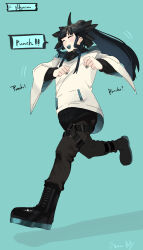 1girl absurdres artemis_of_the_blue artist_name atelier_live billyonthestraw black_footwear black_hair black_ribbon blue_background blue_nails blue_tongue blunt_bangs closed_eyes colored_tongue full_body hair_ribbon highres hood hood_down hoodie mole mole_under_eye open_mouth ponytail ribbon running shark_fin shark_girl sharp_teeth teeth thigh_strap virtual_youtuber wavy_sidelocks white_hoodie