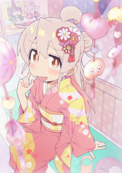 Rule 34 | 1girl, :d, absurdres, ahoge, arm support, blurry, blurry background, blush, brown eyes, character doll, commentary request, finger to cheek, floral print, flower, genderswap, genderswap (mtf), grey hair, hair bun, hair flower, hair ornament, hand up, highres, hina ningyou, hinamatsuri, japanese clothes, kimono, long hair, long sleeves, looking at viewer, matado (almukha), obi, onii-chan wa oshimai!, open mouth, orange sash, oyama mahiro, oyama mihari, pink kimono, print kimono, print sash, sash, sitting, smile, solo, wide sleeves, yellow sash