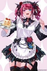 +_+ 1girl apron arm_belt artist_name black_bow black_collar black_dress black_garter_straps black_horns black_ribbon black_thighhighs blue_eyes blush bow breasts cake cake_slice chest_bow cleavage collar commentary cross crystal_wings curly_hair dress fangs fingernails flower food fork frilled_apron frills garter_straps gradient_wings hair_bow hair_ribbon heterochromia highres holding holding_tray hololive hololive_english horns irys_(hololive) irys_(maid)_(hololive) lace lace-trimmed_dress lace_trim long_hair long_sleeves looking_at_viewer maid maid_apron maid_headdress multicolored_hair multicolored_wings nail_polish open_mouth pink_background pink_eyes pink_hair pink_nails plate pointy_ears red_flower red_rose ribbon rose seraphim_throne smile solo streaked_hair teeth thighhighs thighs tongue tray twintails twitter_username two-tone_background two-tone_hair virtual_youtuber white_apron white_background wings
