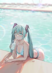 1girl ass bare_shoulders bent_over bikini blue_bikini blue_eyes blue_hair blue_nails blue_stripes blurry blurry_background breasts cleavage collarbone commentary cowboy_shot cup curled_fingers day double-parted_bangs drink drinking drinking_glass drinking_straw drinking_straw_in_mouth elbow_rest english_commentary eyebrows_hidden_by_hair hair_between_eyes hand_up hatsune_miku highres holding holding_cup leaning_forward lens_flare light_blush long_eyelashes long_hair looking_at_viewer medium_breasts multicolored_bikini partially_submerged pool poolside shadow sidelocks solo striped_bikini striped_clothes sunlight swimsuit thick_eyelashes thighs twintails two-tone_bikini vertigris very_long_hair vocaloid wading water wet wet_floor white_bikini