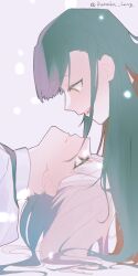 2girls azusawa_kohane black_hair blue_hair brown_eyes commentary fangs grey_hair highres kanaha_lazy long_hair multiple_girls official_alternate_hair_length official_alternate_hairstyle open_mouth orange_eyes parted_lips project_sekai red_hair shiraishi_an symbol-only_commentary twitter_username whip_the_wimp_girl!!_(project_sekai)