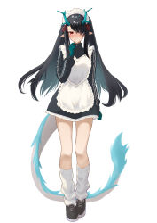 1girl absurdres alternate_costume alternate_hairstyle arknights arm_behind_back bare_legs black_dress black_hair blush dr.lamina dragon_girl dragon_horns dragon_tail dress dusk_(arknights) enmaided eyeshadow frilled_dress frills frown full_body gradient_hair hair_over_one_eye hand_up highres horns legs long_hair long_sleeves looking_at_viewer maid maid_headdress makeup multicolored_hair red_eyes red_eyeshadow slit_pupils solo standing tail thighs twintails two-tone_hair very_long_hair