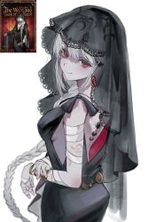 1girl absurdres back_tattoo bandaged_arm bandaged_hand bandages bare_shoulders black_dress black_veil breasts dress highres lace-trimmed_veil lace_trim long_braid long_hair looking_at_viewer moon_phases official_alternate_costume popo_07274 red_eyes reference_inset reverse:1999 semmelweis_(reverse:1999) sideboob sleeveless sleeveless_dress solo tattoo upper_body veil very_long_hair white_background white_hair
