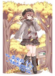1girl absurdres ahoge artist_name autumn autumn_leaves beret black_boots black_hat black_skirt boots borrowed_character brown_hair cardigan closed_mouth commission commissioner_name falling_leaves full_body grey_cardigan grey_sweater hair_between_eyes hand_up hat highres knee_boots lace-up_boots layered_skirt leaf long_sleeves low_twintails medium_hair miniskirt original outdoors pleated_skirt red_eyes revision ribbed_sweater second-party_source skeb_commission skirt solo standing sweater thank_you toromi_(toromix2) tree turtleneck turtleneck_sweater twintails