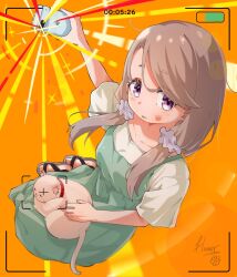 Rule 34 | 1girl, animal, animal collar, animal on lap, avarangers, battery indicator, cat, collar, collarbone, commentary, dress, dress over shirt, facial recognition, green dress, grey hair, hair over shoulder, highres, holding, holding phone, long hair, looking at viewer, low twintails, mono (afro), on lap, orange background, outstretched arm, paw print, petting, phone, recording, sandals, shikishima sakurako, signature, sitting, swept bangs, taishou (mono), taking picture, twintails, viewfinder, white cat, yokozuwari